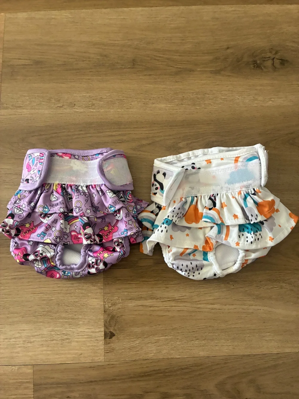Bundle of 2 Small Reusable Female Dog Diapers Panda Unicorn Rainbow Prints EUC
